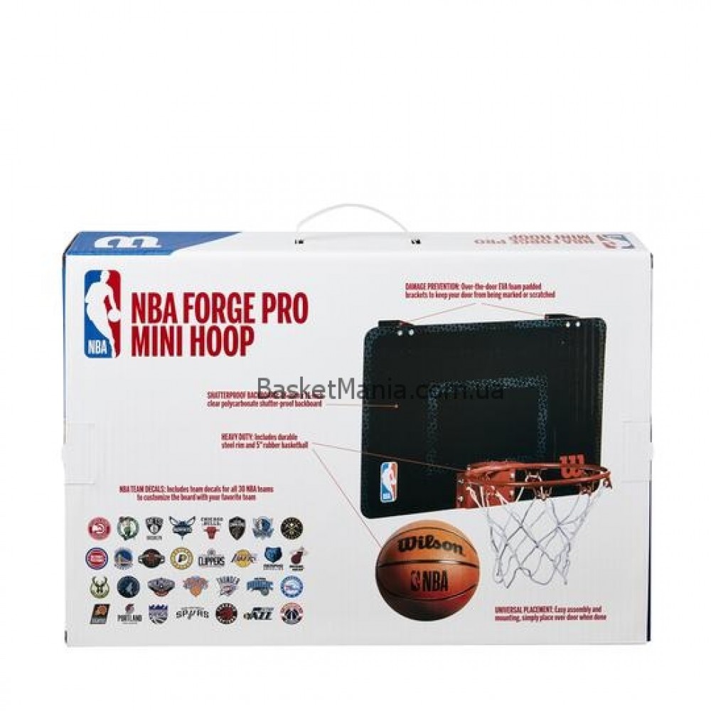 Міні-щит баскетбольний Wilson NBA Forge Team Mini Hoop 45,7х27,9 см з кільцем і сіткою (WTBA3001FRGNB)